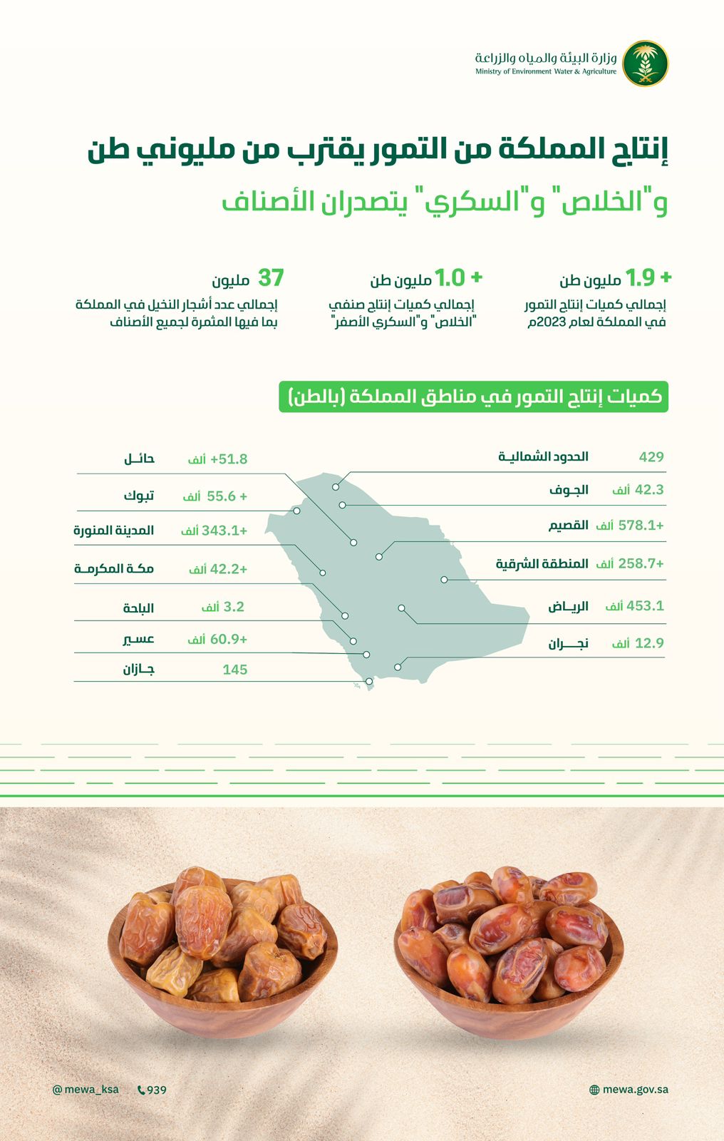 البيئة: إنتاج المملكة من التمور يقترب من مليوني طن في 2023م و الخُلاص والسُّكري يتصدران بأكثر من مليون طن   